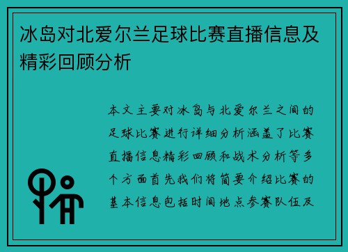 冰岛对北爱尔兰足球比赛直播信息及精彩回顾分析