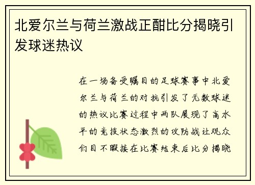 北爱尔兰与荷兰激战正酣比分揭晓引发球迷热议